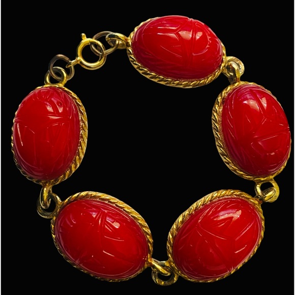Vintage Red Czech Glass Egyptian Scarab bracelet beetle MCM costume jewelry - Picture 1 of 13